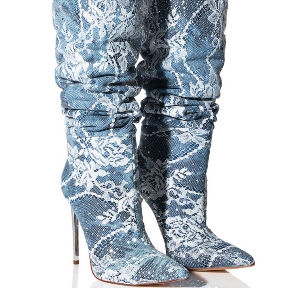 Azalea Wang" Down With The Diamond Denim " Stiletto Boot (Brand New!! )